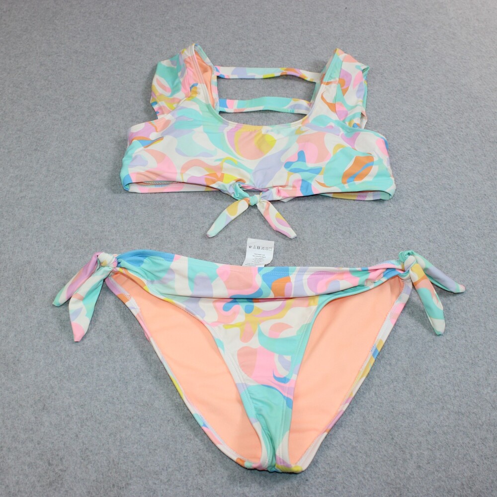 Hobie Bikini Women XS Girl 16 Blue Floral Tie Bottom Top Swim Beach Tropical
